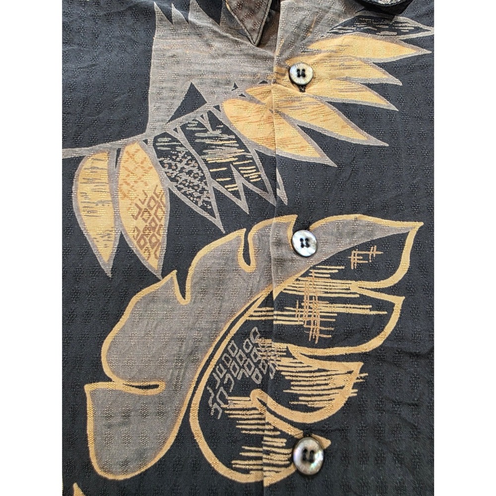 Vintage 90's Tori Richard Honolulu Silk Aloha Shirt L Black Leaf Jacquaro Luxe - Picture 7 of 13